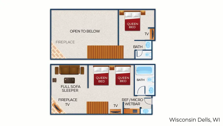 The floor plan for the Loft Fireplace Suite (balcony)